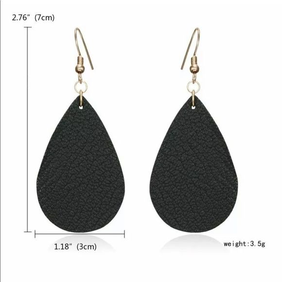 Black Tear Drop Leather Earrings - Picture 2 of 7